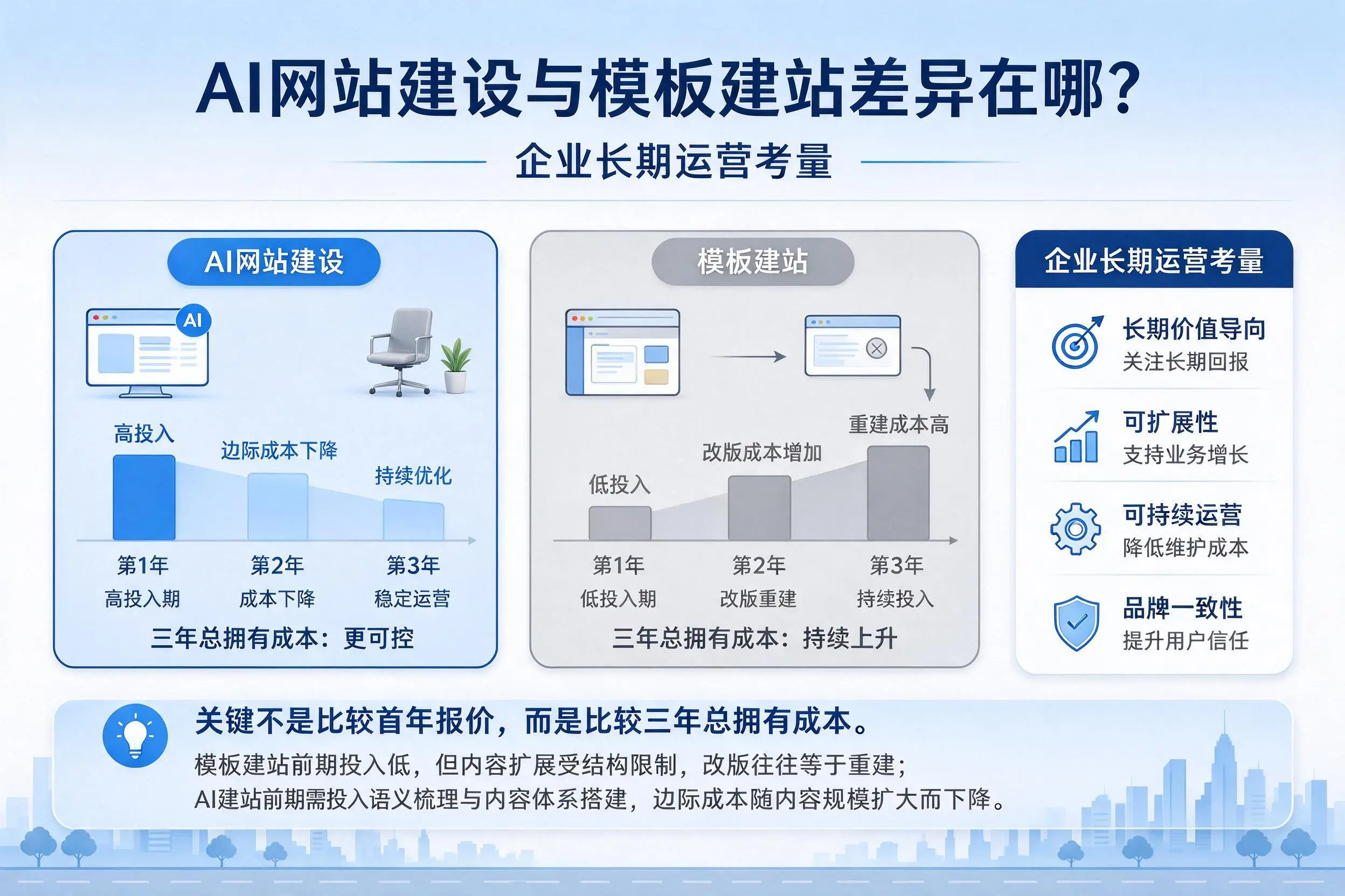 AI网站建设与模板建站差异在哪？临高企业长期运营考量